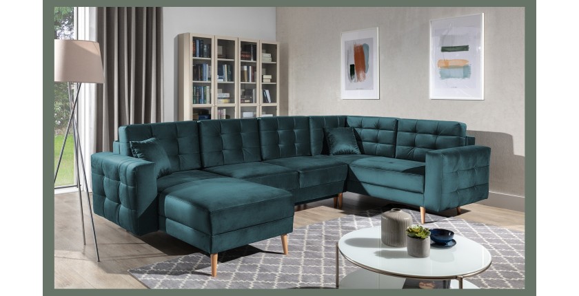Canapé d’angle panoramique convertible U HASGARD 326 cm bleu canard velours avec coffre 