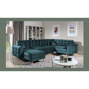 Canapé d’angle panoramique convertible U HASGARD 326 cm bleu canard velours avec coffre 