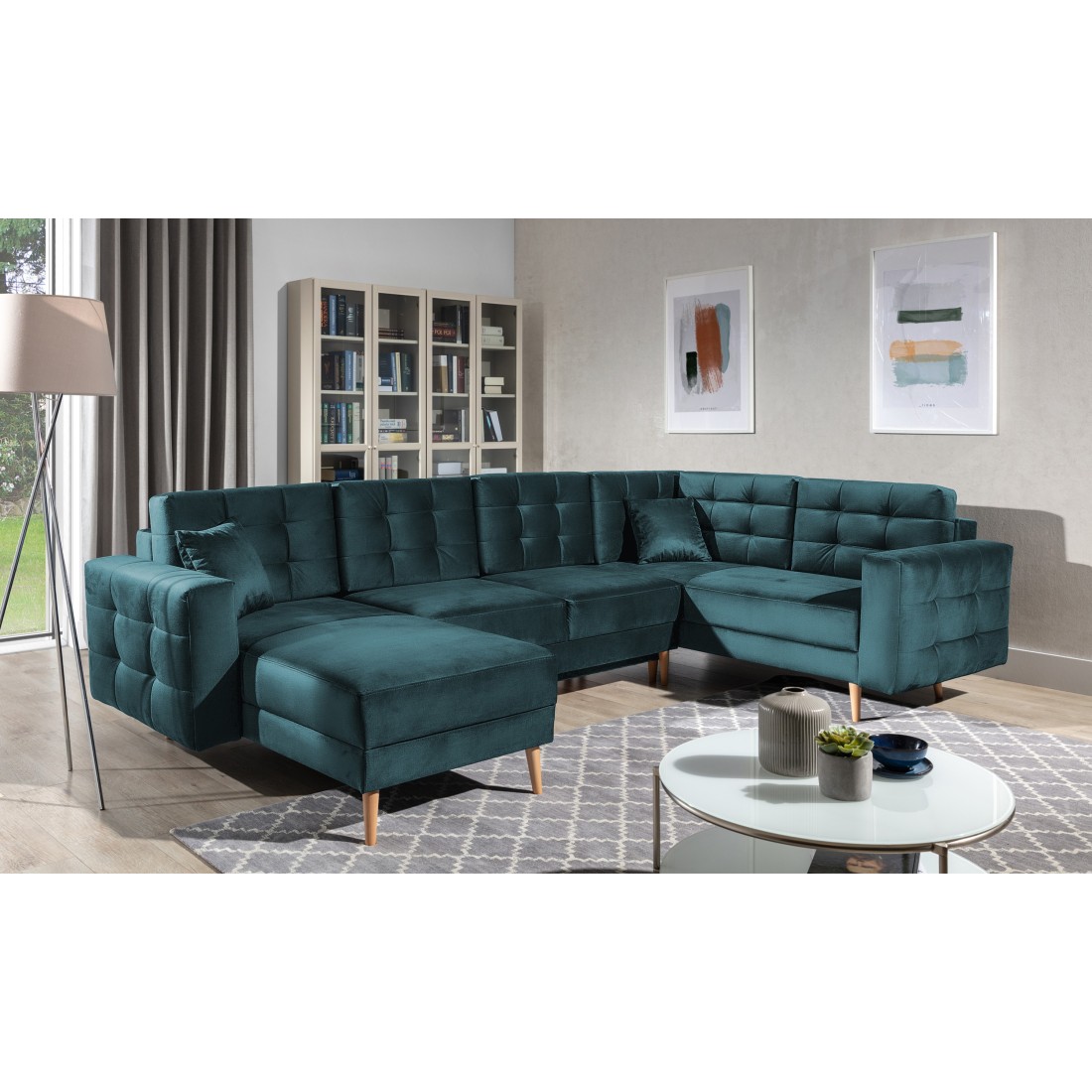 Canapé d’angle panoramique convertible U HASGARD 326 cm bleu canard velours avec coffre 