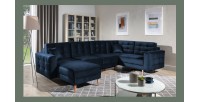Canapé d’angle panoramique convertible U HASGARD 326 cm bleu nuit velours avec coffre 