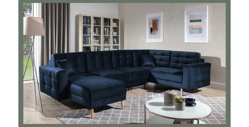 Canapé d’angle panoramique convertible U HASGARD 326 cm bleu nuit velours avec coffre 