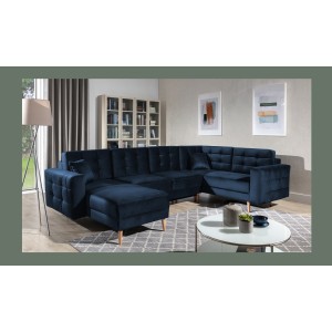 Canapé d’angle panoramique convertible U HASGARD 326 cm bleu nuit velours avec coffre 