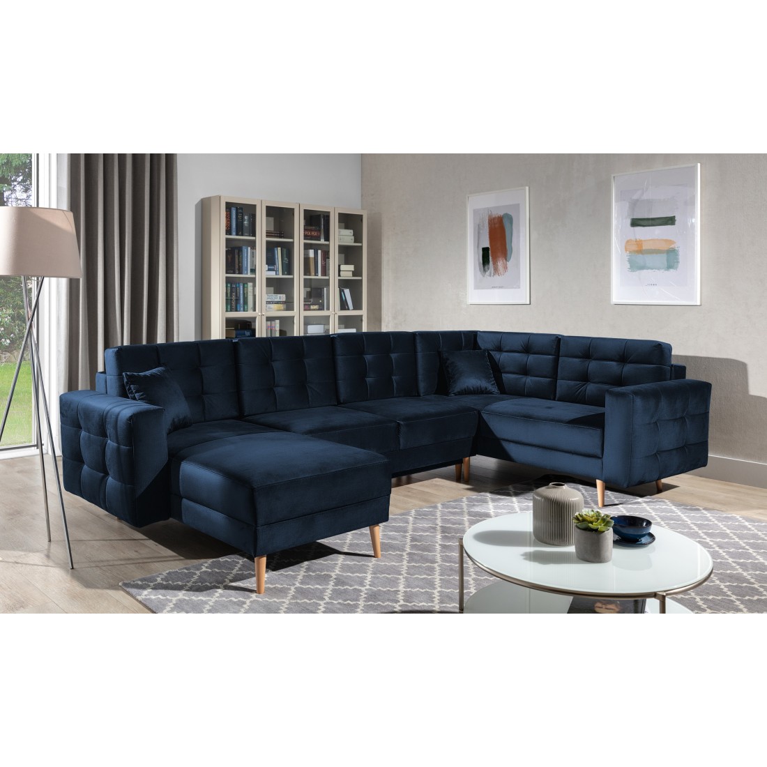Canapé d’angle panoramique convertible U HASGARD 326 cm bleu nuit velours avec coffre 
