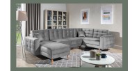 Canapé d’angle panoramique convertible U HASGARD 326 cm gris clair velours avec coffre 