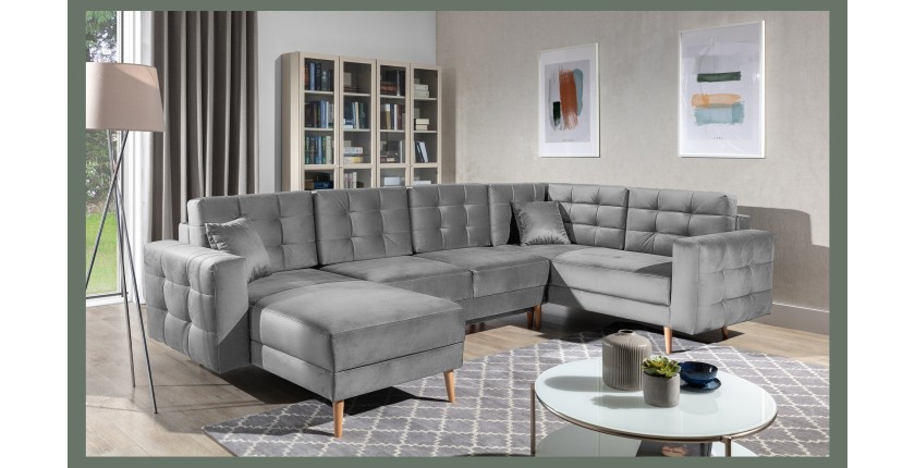 Canapé d’angle panoramique convertible U HASGARD 326 cm gris clair velours avec coffre 