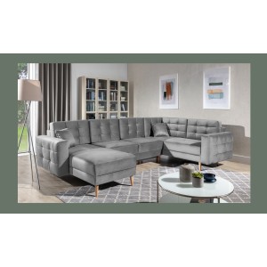 Canapé d’angle panoramique convertible U HASGARD 326 cm gris clair velours avec coffre 