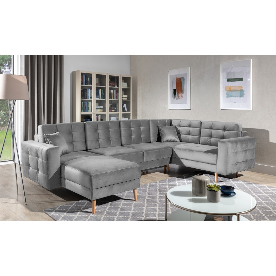 Canapé d’angle panoramique convertible U HASGARD 326 cm gris clair velours avec coffre 
