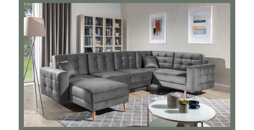 Canapé d’angle panoramique convertible U HASGARD 326 cm gris velours avec coffre 