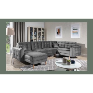 Canapé d’angle panoramique convertible U HASGARD 326 cm gris velours avec coffre 