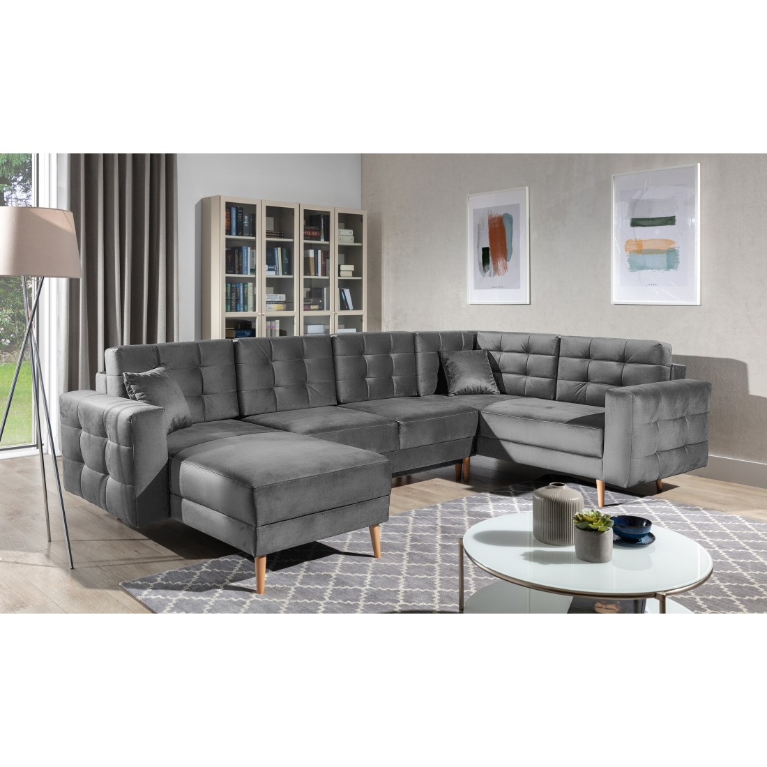Canapé d’angle panoramique convertible U HASGARD 326 cm gris velours avec coffre 