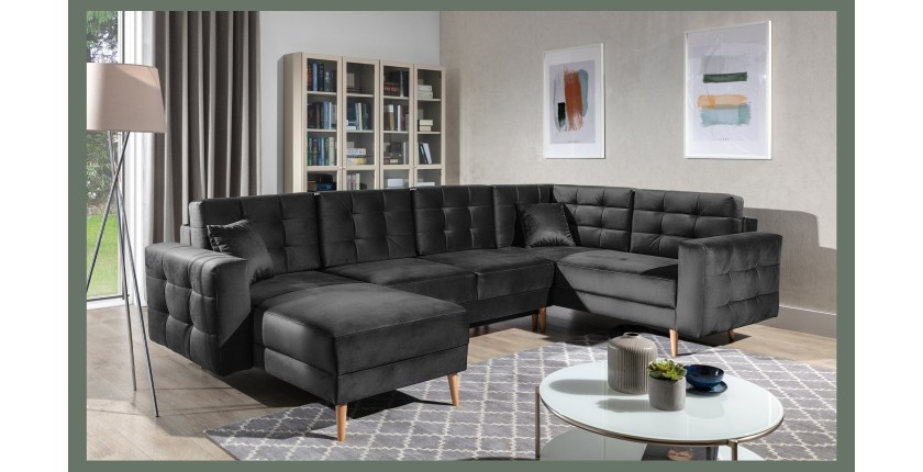 Canapé d’angle panoramique convertible U HASGARD 326 cm gris foncé velours avec coffre 