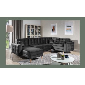 Canapé d’angle panoramique convertible U HASGARD 326 cm gris foncé velours avec coffre 