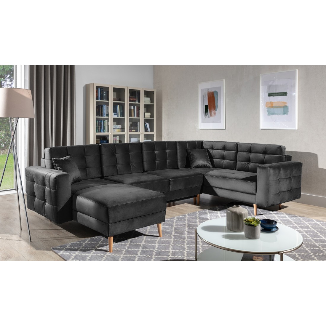 Canapé d’angle panoramique convertible U HASGARD 326 cm gris foncé velours avec coffre 