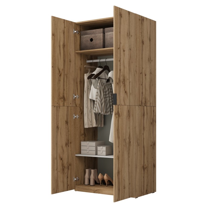 Armoire CALMIA chêne naturel 90 cm avec penderie et étagères