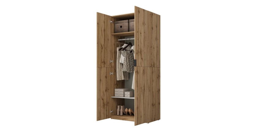 Armoire CALMIA chêne naturel 90 cm avec penderie et étagères