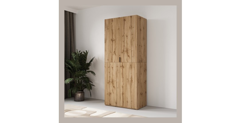 Armoire CALMIA chêne naturel 90 cm avec penderie et étagères
