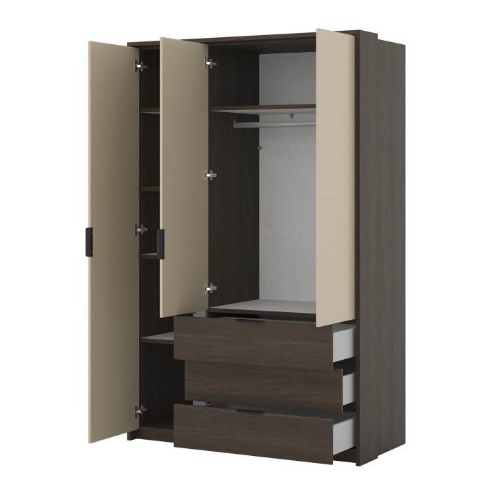 Schrank VALDORA mit 3 Türen, LED und 3 Schubladen in dunkler Eiche und Beige, 139 cm