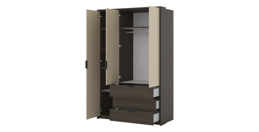 Armoire VALDORA 3 portes avec LED et 3 tiroirs chêne foncé et beige 139 cm