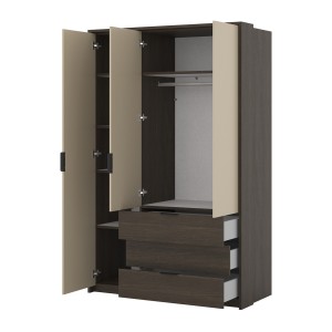 Armoire VALDORA 3 portes avec LED et 3 tiroirs chêne foncé et beige 139 cm