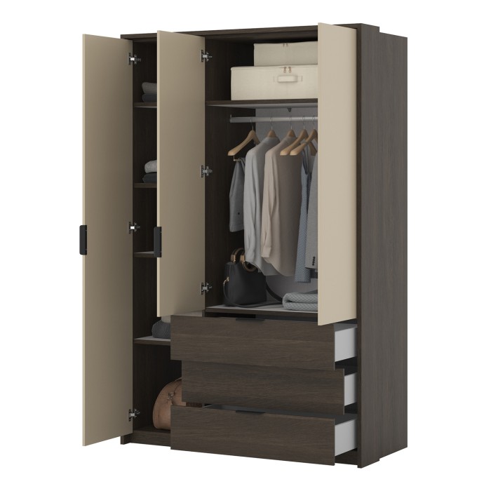 Schrank VALDORA mit 3 Türen, LED und 3 Schubladen in dunkler Eiche und Beige, 139 cm