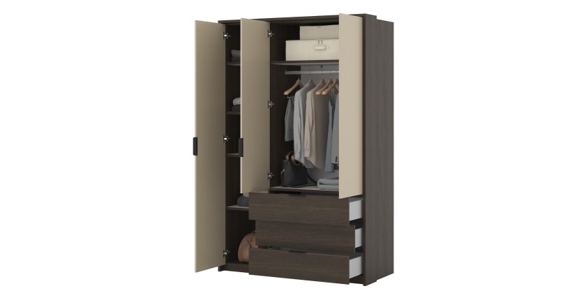 Armoire VALDORA 3 portes avec LED et 3 tiroirs chêne foncé et beige 139 cm