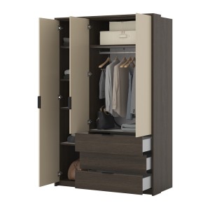 Armoire VALDORA 3 portes avec LED et 3 tiroirs chêne foncé et beige 139 cm