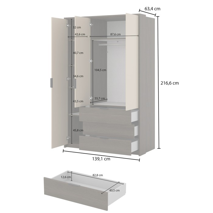 Schrank VALDORA mit 3 Türen, LED und 3 Schubladen in dunkler Eiche und Beige, 139 cm