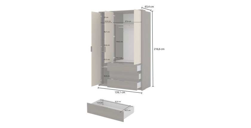 Armoire VALDORA 3 portes avec LED et 3 tiroirs chêne foncé et beige 139 cm
