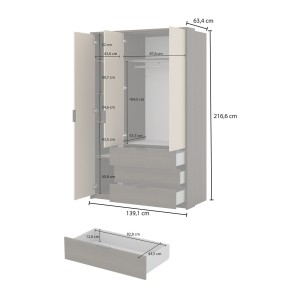 Armoire VALDORA 3 portes avec LED et 3 tiroirs chêne foncé et beige 139 cm