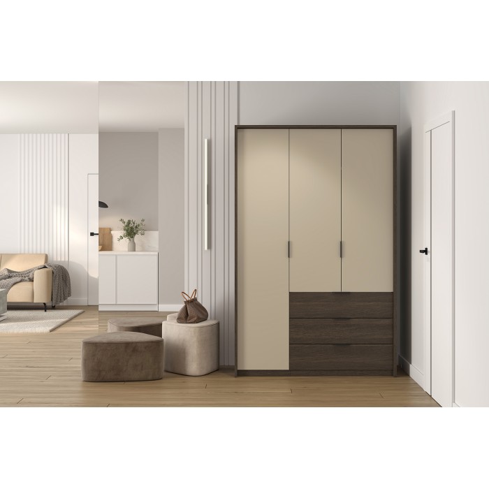 Schrank VALDORA mit 3 Türen, LED und 3 Schubladen in dunkler Eiche und Beige, 139 cm