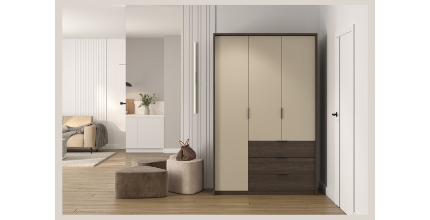 Armoire VALDORA 3 portes avec LED et 3 tiroirs chêne foncé et beige 139 cm