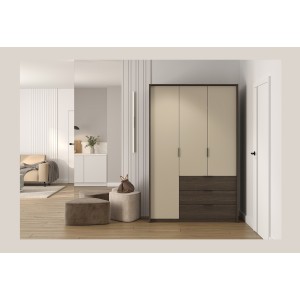 Armoire VALDORA 3 portes avec LED et 3 tiroirs chêne foncé et beige 139 cm