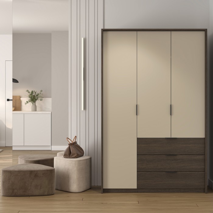 Schrank VALDORA mit 3 Türen, LED und 3 Schubladen in dunkler Eiche und Beige, 139 cm