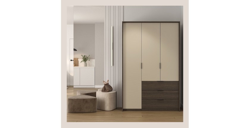 Armoire VALDORA 3 portes avec LED et 3 tiroirs chêne foncé et beige 139 cm