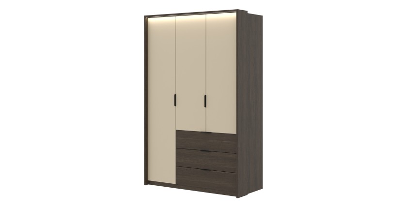 Armoire VALDORA 3 portes avec LED et 3 tiroirs chêne foncé et beige 139 cm