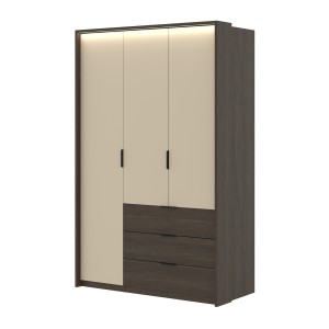 Armoire VALDORA 3 portes avec LED et 3 tiroirs chêne foncé et beige 139 cm