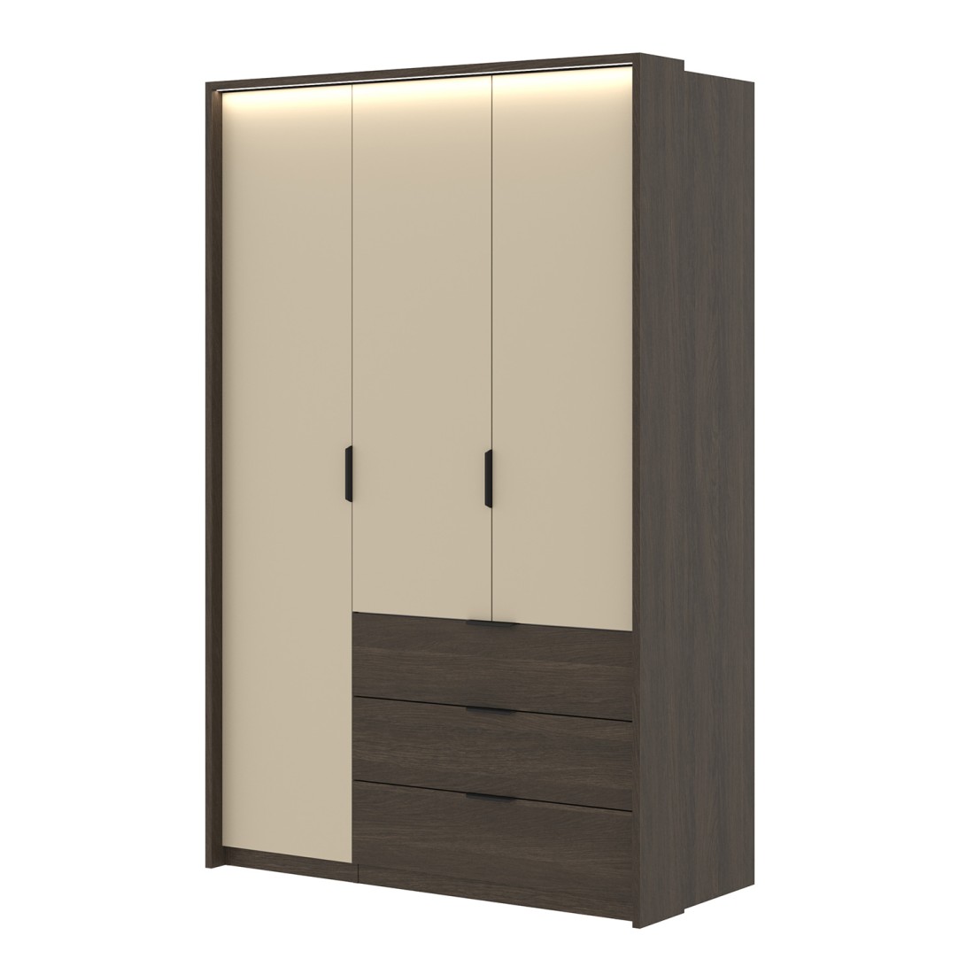 Armoire VALDORA 3 portes avec LED et 3 tiroirs chêne foncé et beige 139 cm