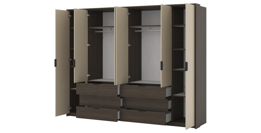 Armoire VALDORA 6 portes avec LED et 6 tiroirs chêne foncé et beige 274 cm