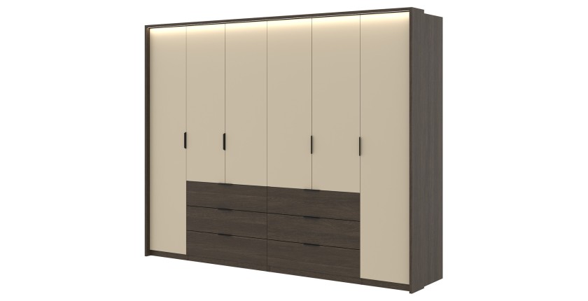 Armoire VALDORA 6 portes avec LED et 6 tiroirs chêne foncé et beige 274 cm