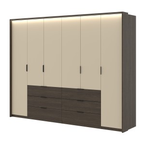 Armoire VALDORA 6 portes avec LED et 6 tiroirs chêne foncé et beige 274 cm