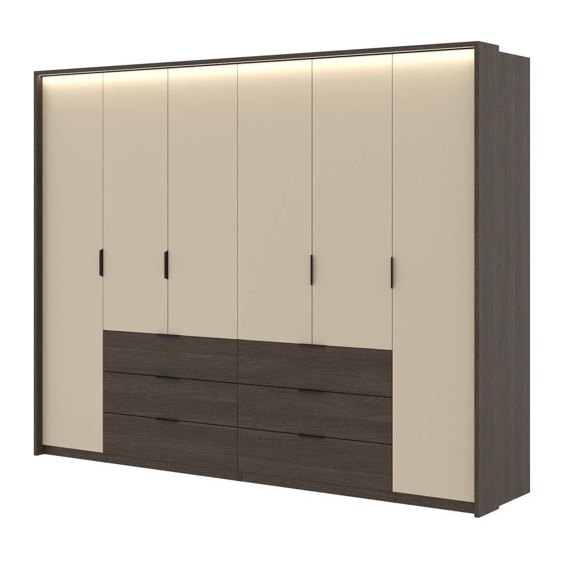 Armoire VALDORA 6 portes avec LED et 6 tiroirs chêne foncé et beige 274 cm