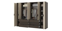 Armoire VALDORA 6 portes avec LED et 6 tiroirs chêne foncé et beige 274 cm