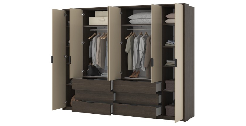 Armoire VALDORA 6 portes avec LED et 6 tiroirs chêne foncé et beige 274 cm