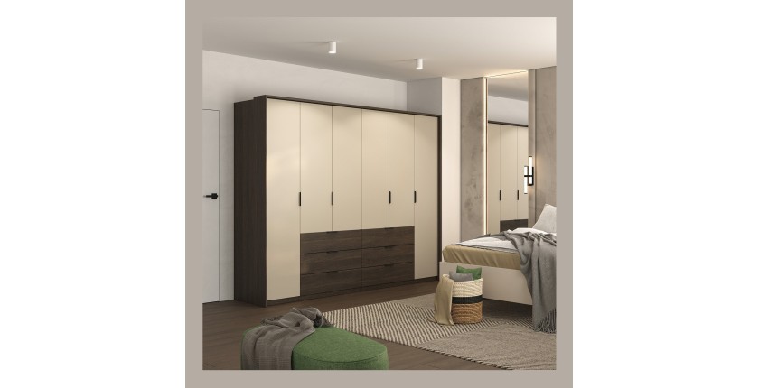 Armoire VALDORA 6 portes avec LED et 6 tiroirs chêne foncé et beige 274 cm