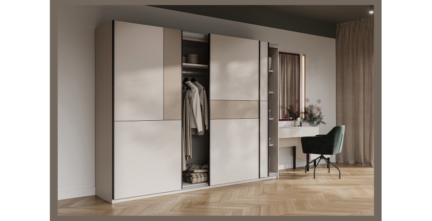 Armoire VERTIS 3 portes coulissantes cachemire et beige 270 cm design graphique