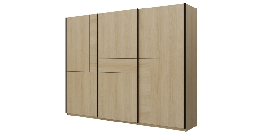 Armoire VERTIS 3 portes coulissantes chêne clair et noir avec fermeture silencieuse 270 cm