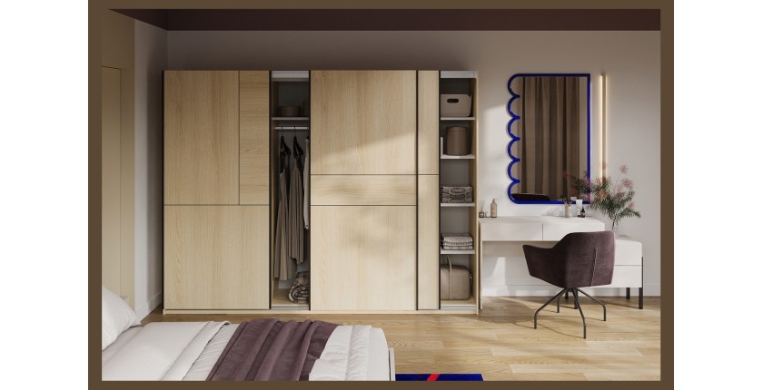 Armoire VERTIS 3 portes coulissantes chêne clair et noir avec fermeture silencieuse 270 cm