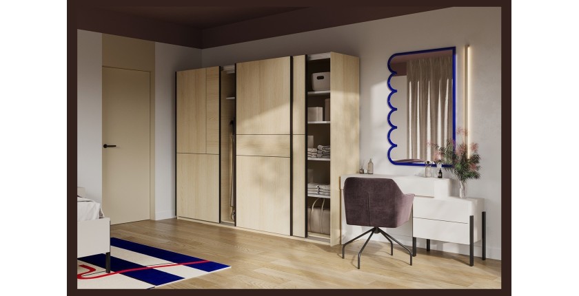 Armoire VERTIS 3 portes coulissantes chêne clair et noir avec fermeture silencieuse 270 cm