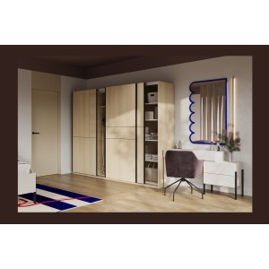 Armoire VERTIS 3 portes coulissantes chêne clair et noir avec fermeture silencieuse 270 cm