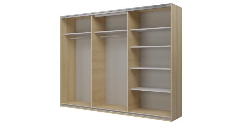Armoire VERTIS 3 portes coulissantes chêne clair et noir avec fermeture silencieuse 270 cm